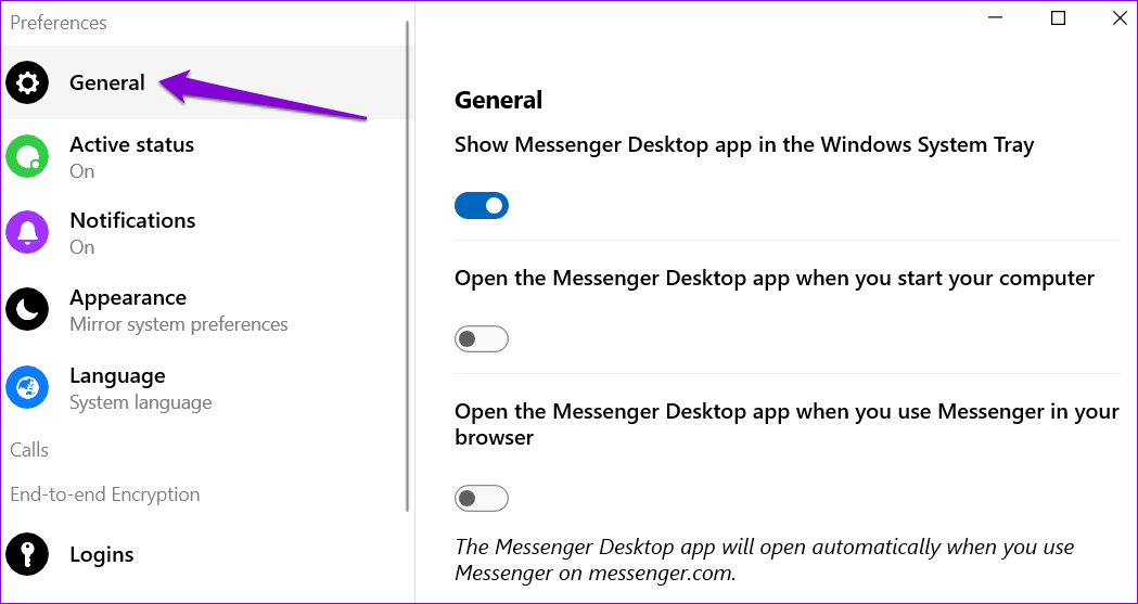 Messenger Preferences on Windows