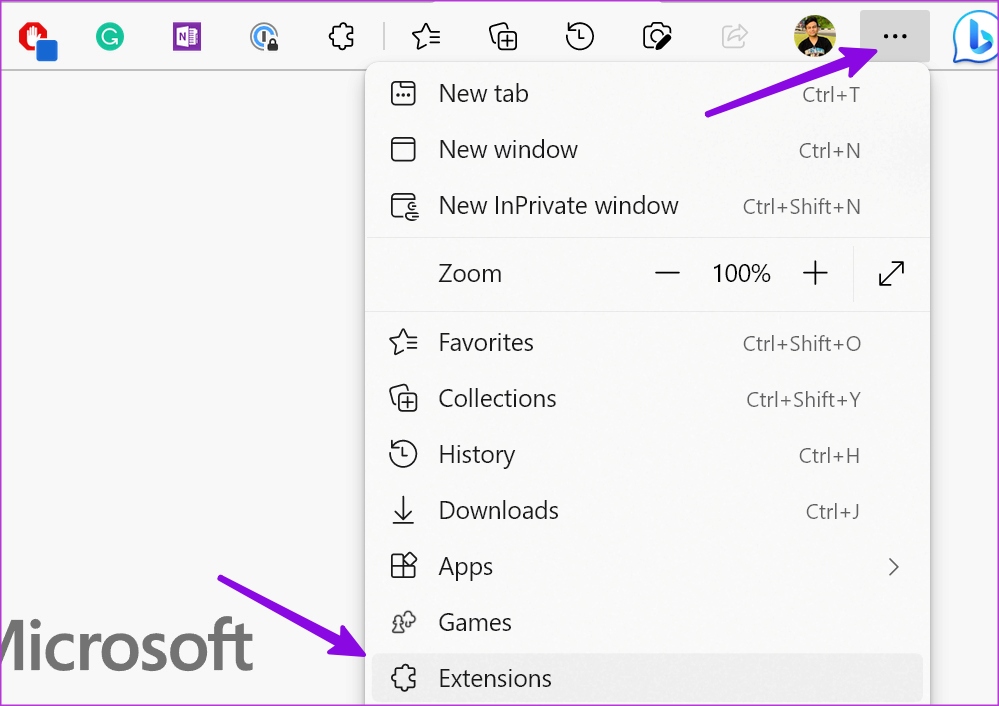 extensions menu Microsoft Edge