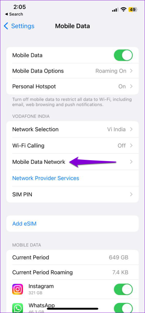 Mobile Data Network Settings on iPhone