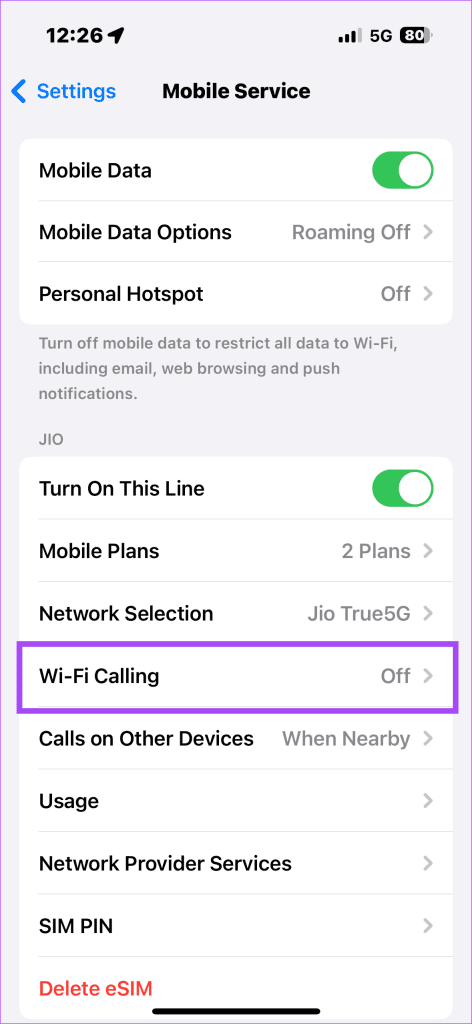 Mobile Service in iPhone Settings Menu