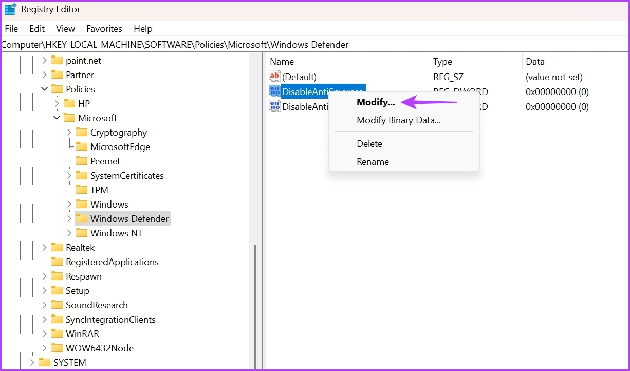 Modify option in Registry Editor