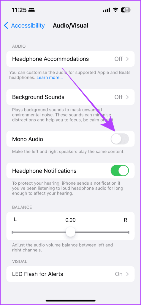 Mono Audio Settings iPhone