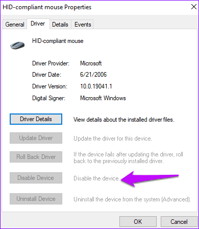Mouse properties disable drivers