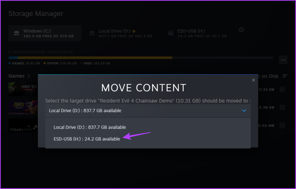 Move content window in Steam Storage Manager