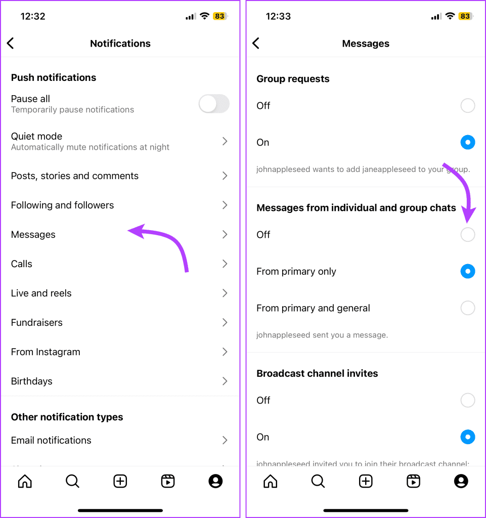 Tap Messages and then enable disable notification
