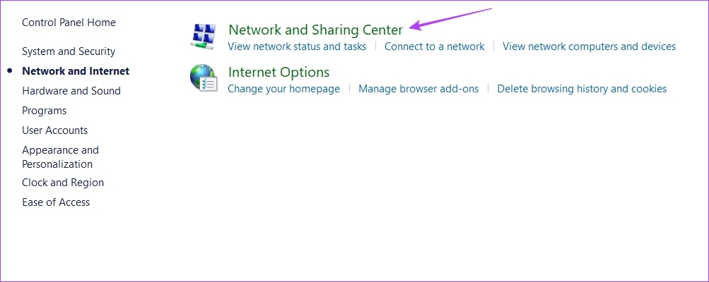 _Network and Sharing Center option in the Control Panel