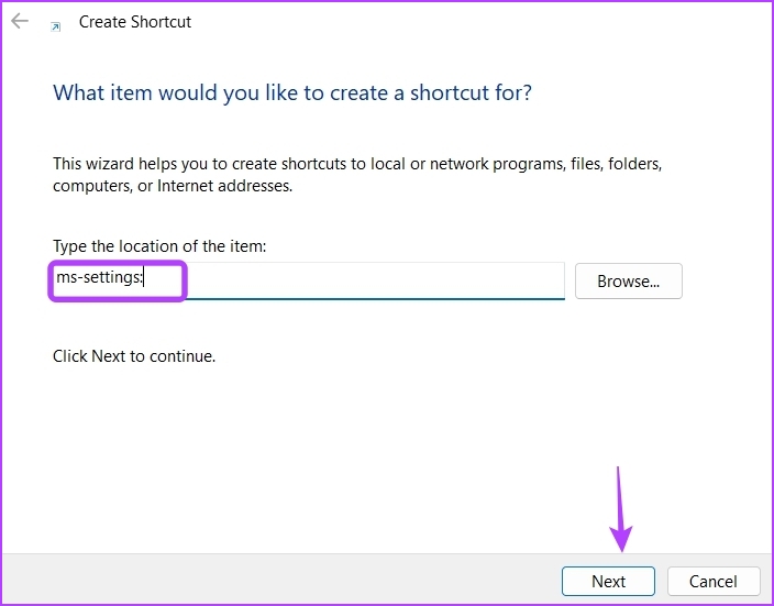 Next option in creating Settings shortcut
