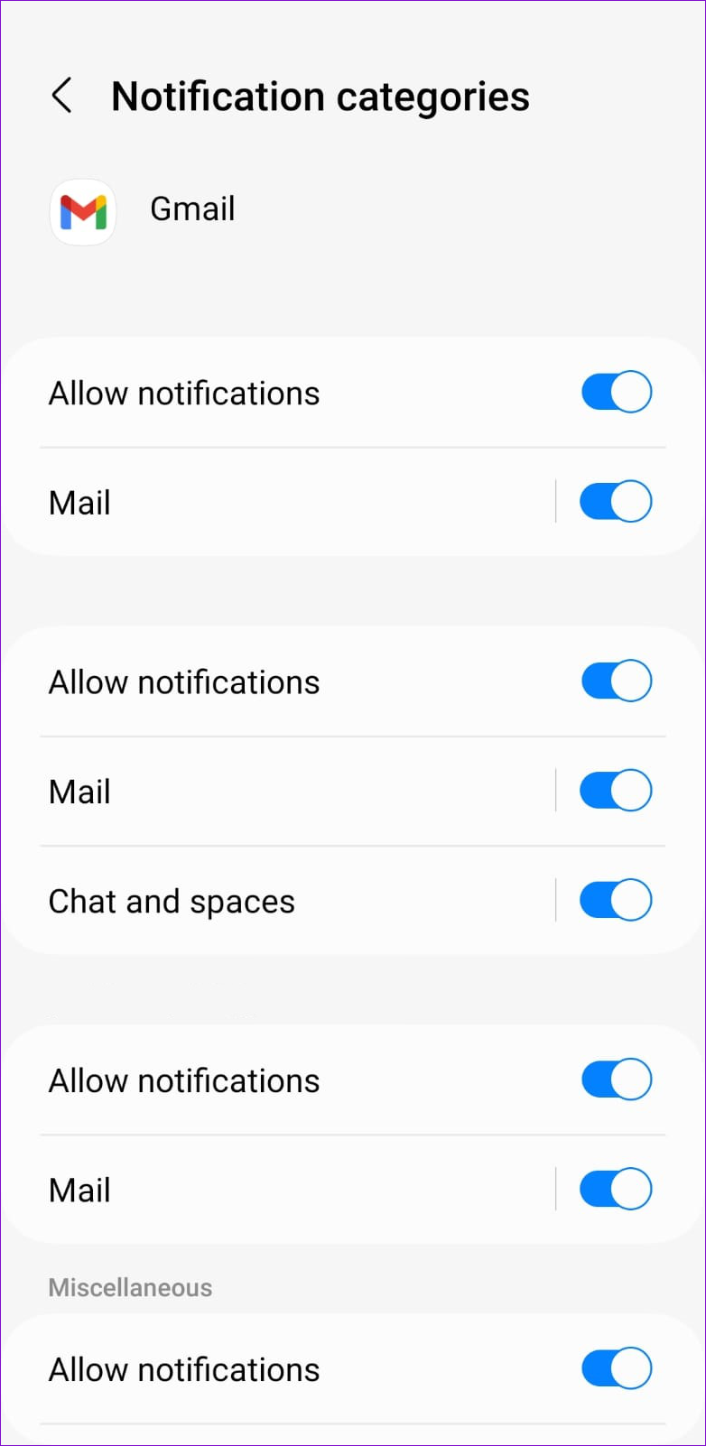 Sección de notificaciones para Gmail