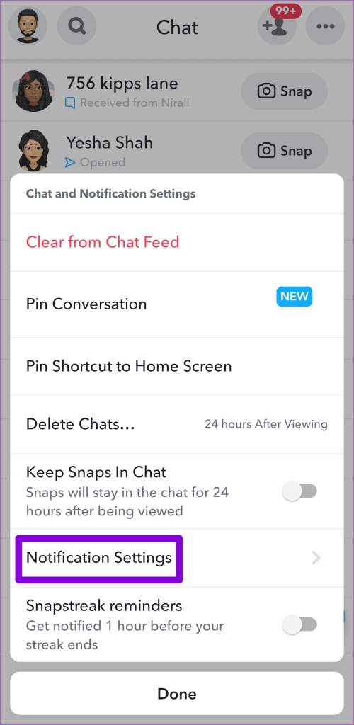 Notifications Settings on Snapchat