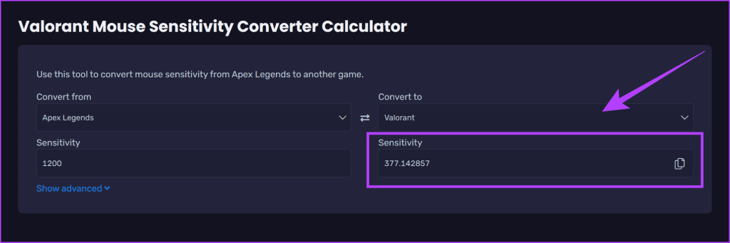 Now under the Convert to option select Valorant. The tool will now automatically generate the converted sensitivity for you in Valorant - 7