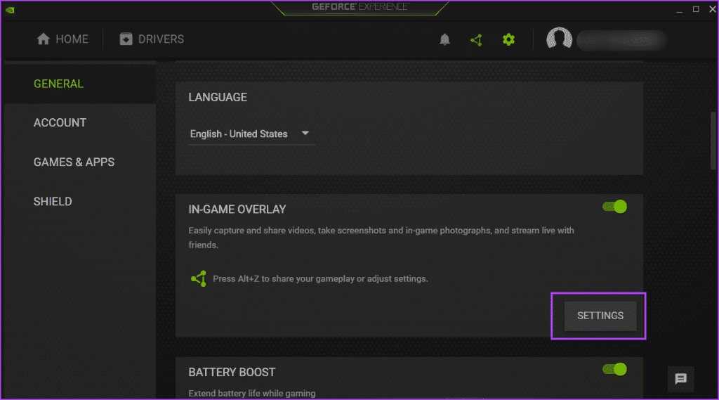 OPen GeForce Experience overlay settings