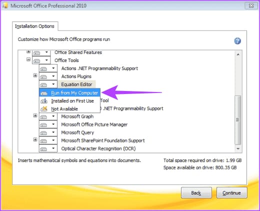 Office 2010 Enabling Equation Editor selection