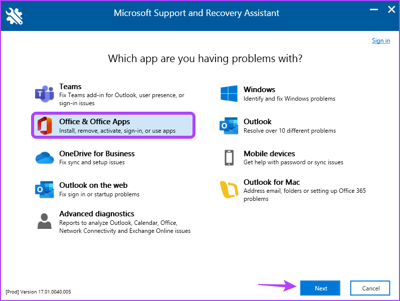 Selecting Office & Office Apps in Microsoft Support and Recovery Tool