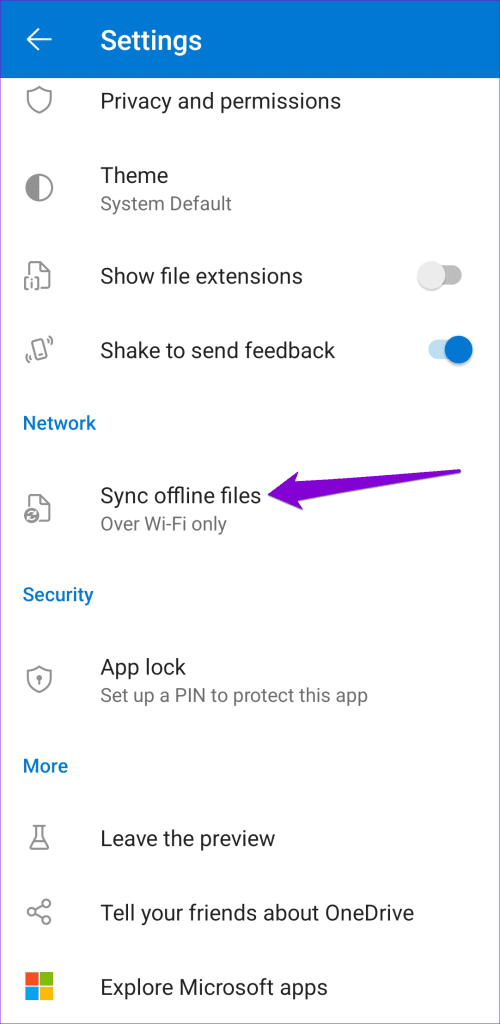 OneDrive App Settings for Offline Files