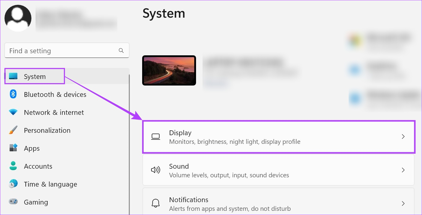 Open display settings using Settings menu