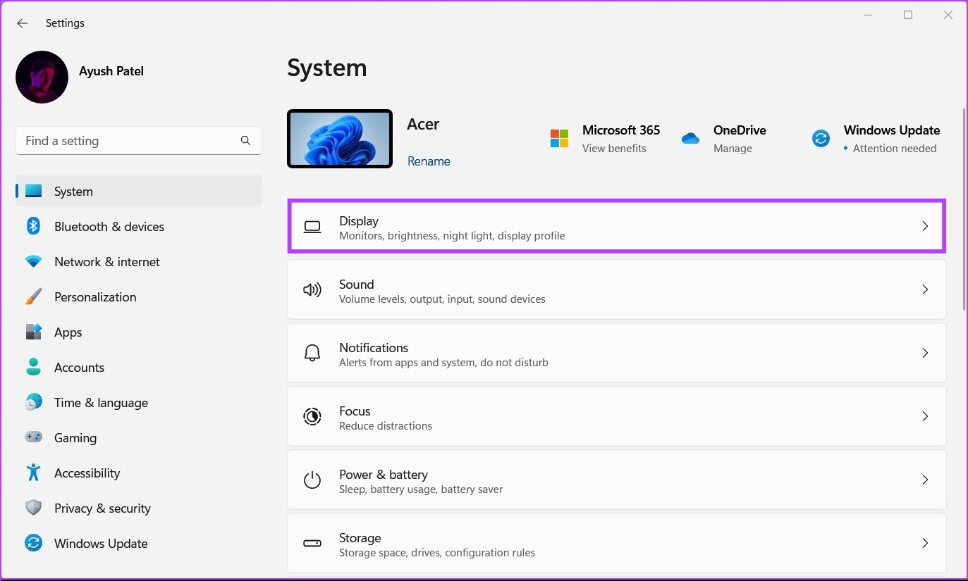 Display in System Settings on Windows 11