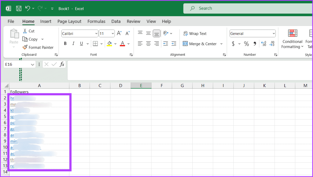 Open Excel and paste the followers usernames