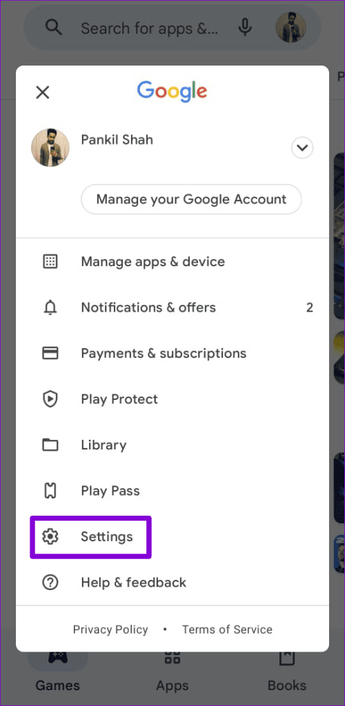 Open Google Play Store Settings on Android
