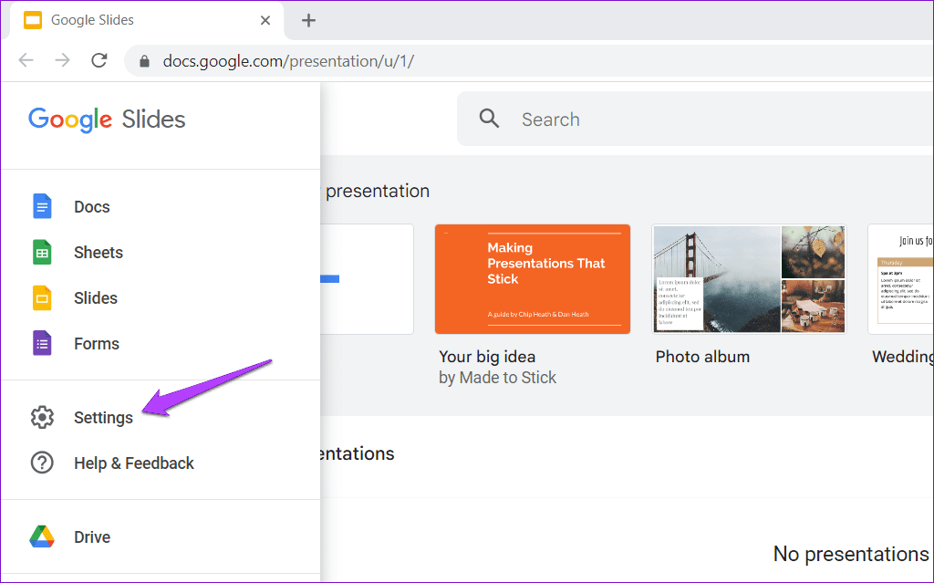 Open Google Slides Settings in Chrome