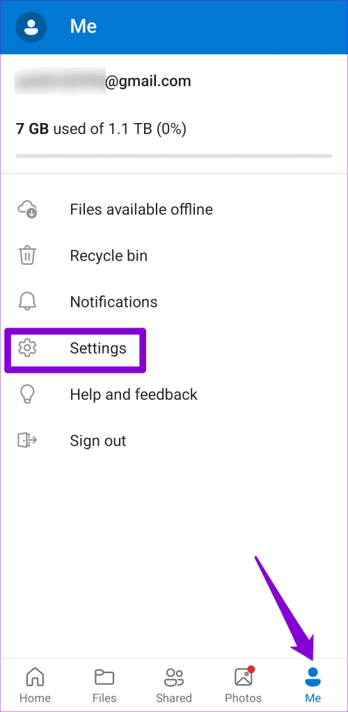 Open OneDrive Settings on Android