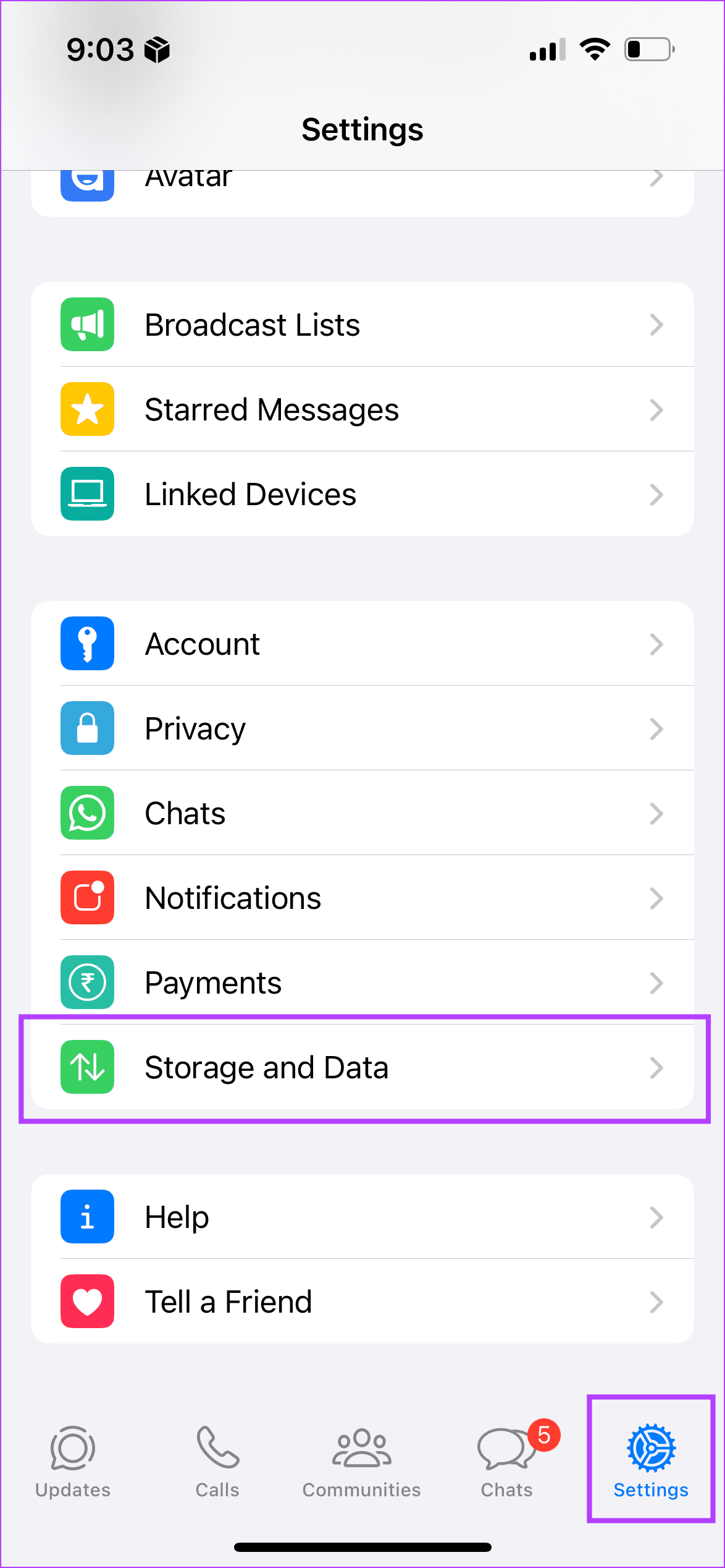 Open Storage and Data settings