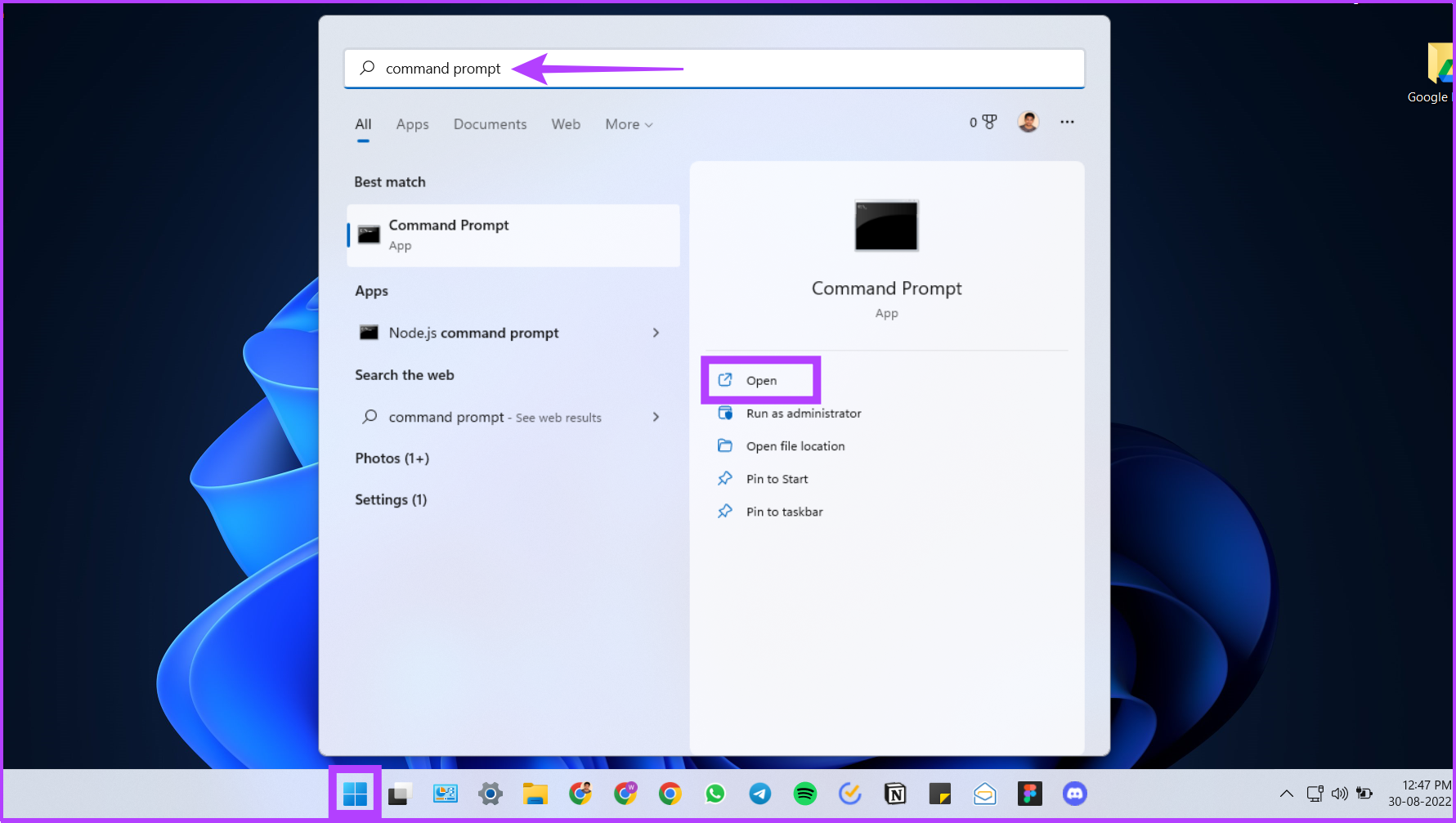 Search Command prompt on Windows Search