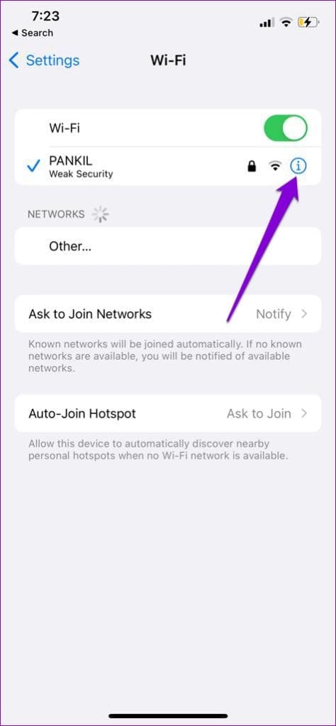 Open Wi-Fi Network Properties on iPhone