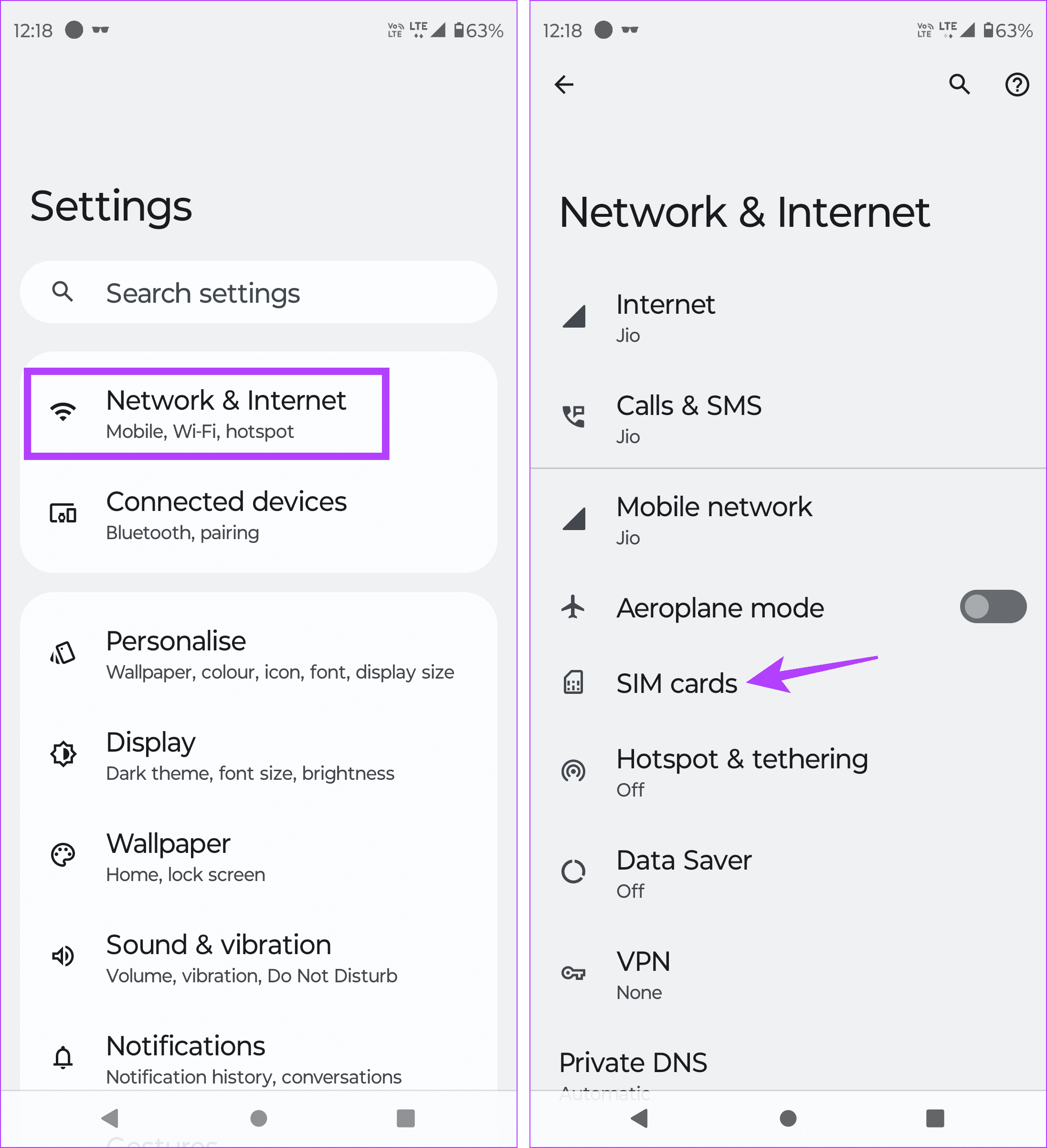 Open network and internet settings