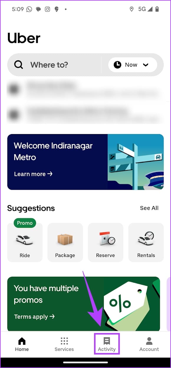 Open the Activity Tab on Uber