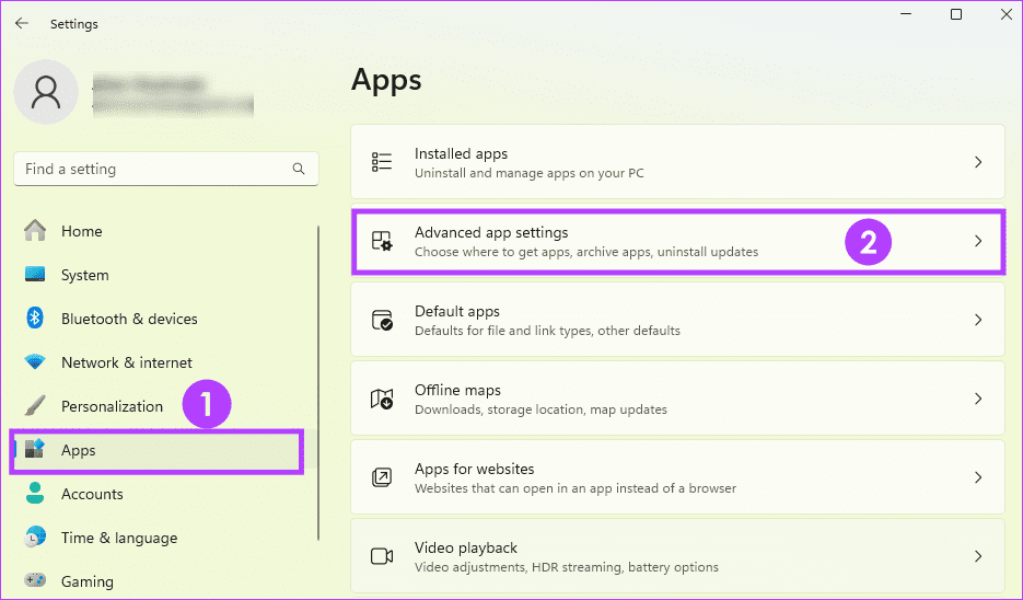 Opening Advanced apps settings