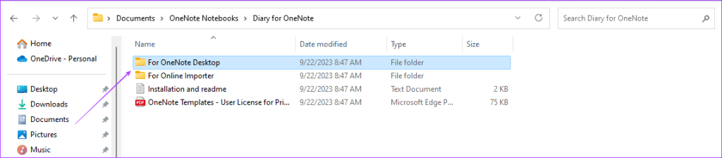 Opening the for Onenote Desktop folder