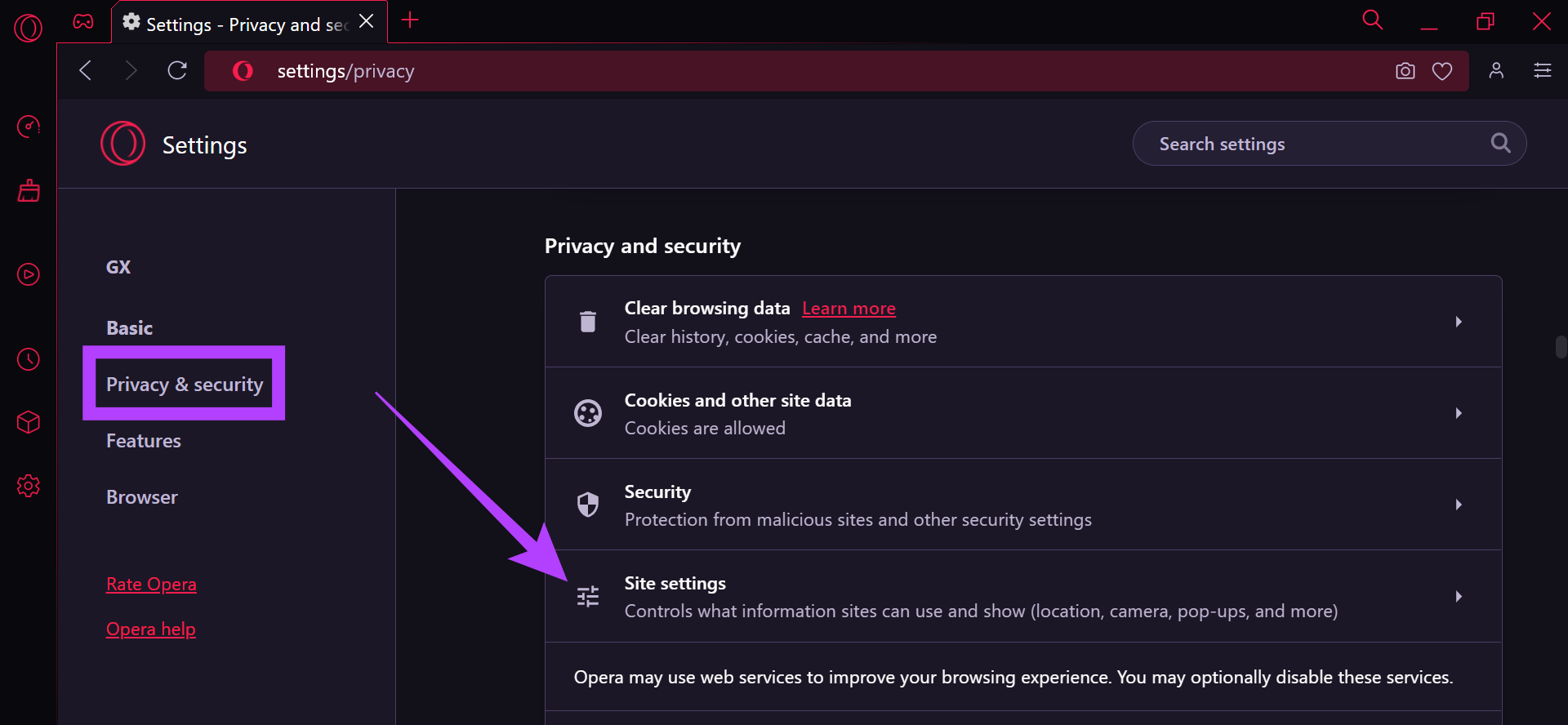 In Privacy and security, click on Site settings