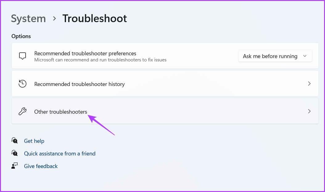 Other troubleshooter option in Settings