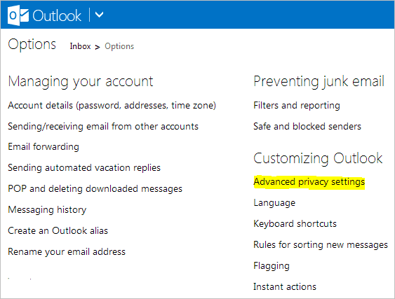 Outlook Advanced Privacy Settings