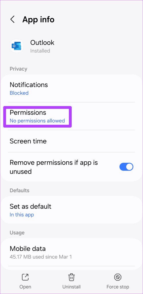 Outlook App Permissions on Android