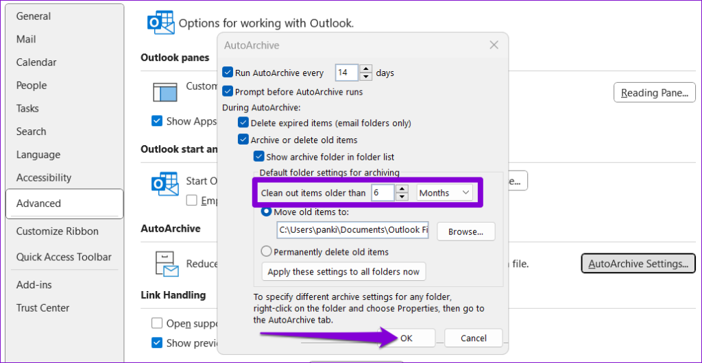 Outlook Data File Settings Window