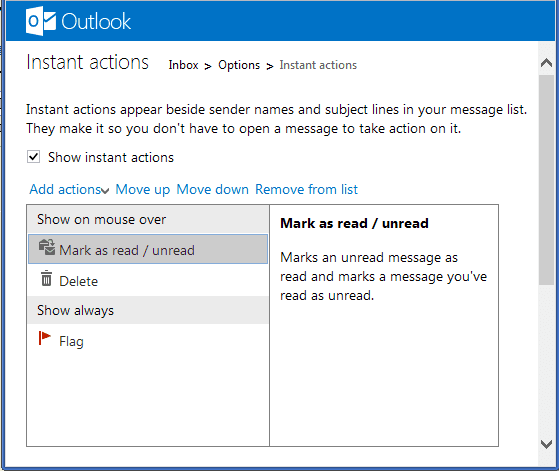 Outlook Instant Actions Options