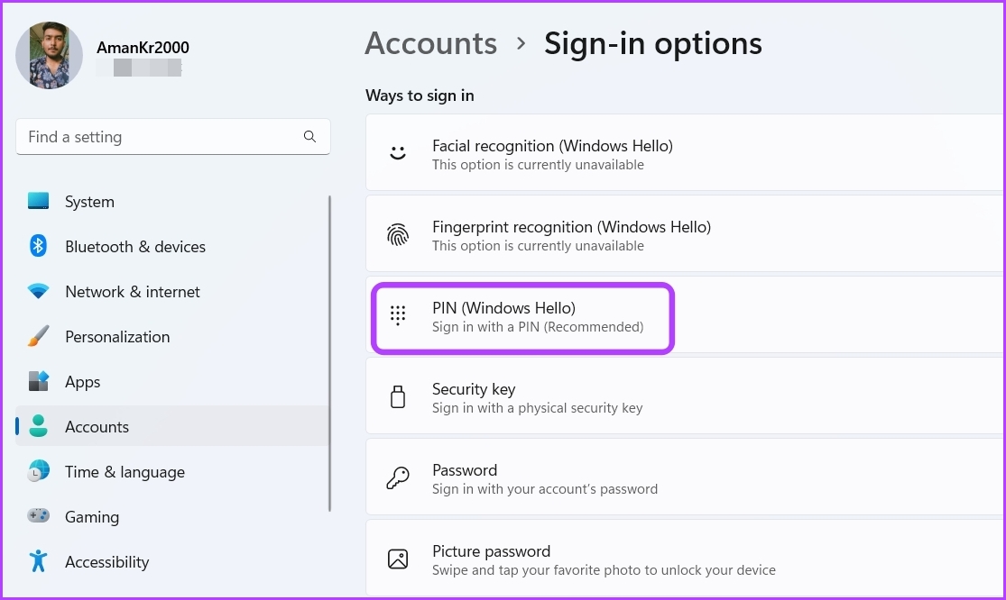Choosing PIN (Windows Hello) option in the Settings app