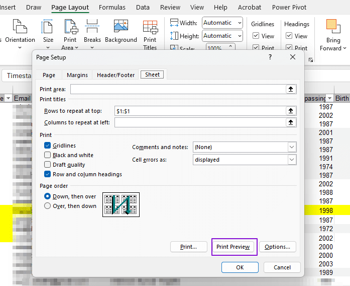 Page Setup Print Preview Excel