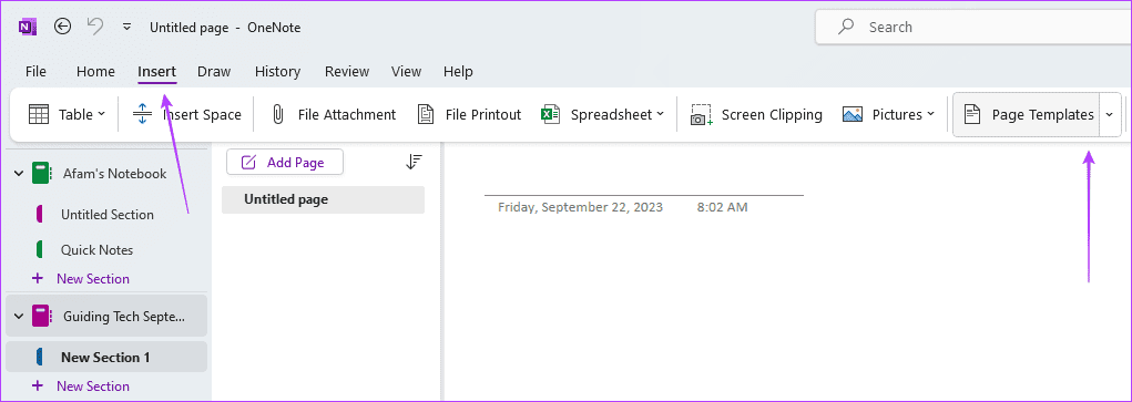 Page template on OneNote