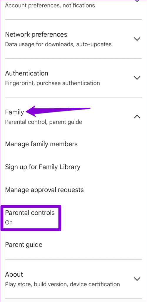 Parental Controls on Play Store for Android