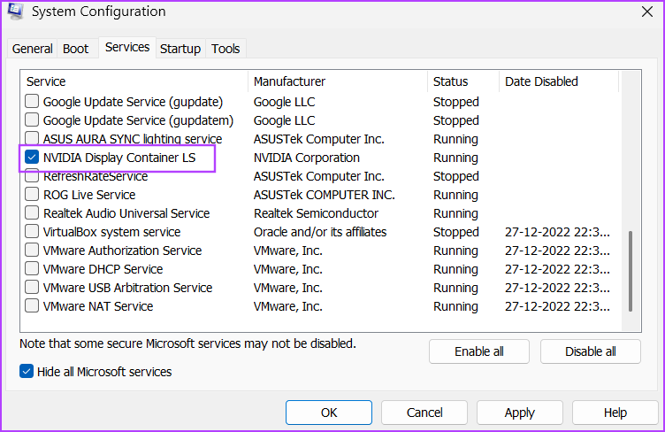 Disabling all third-party services in system configuration tool
