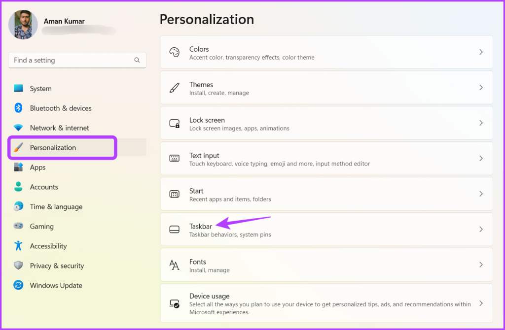 Personalization option in Settings app