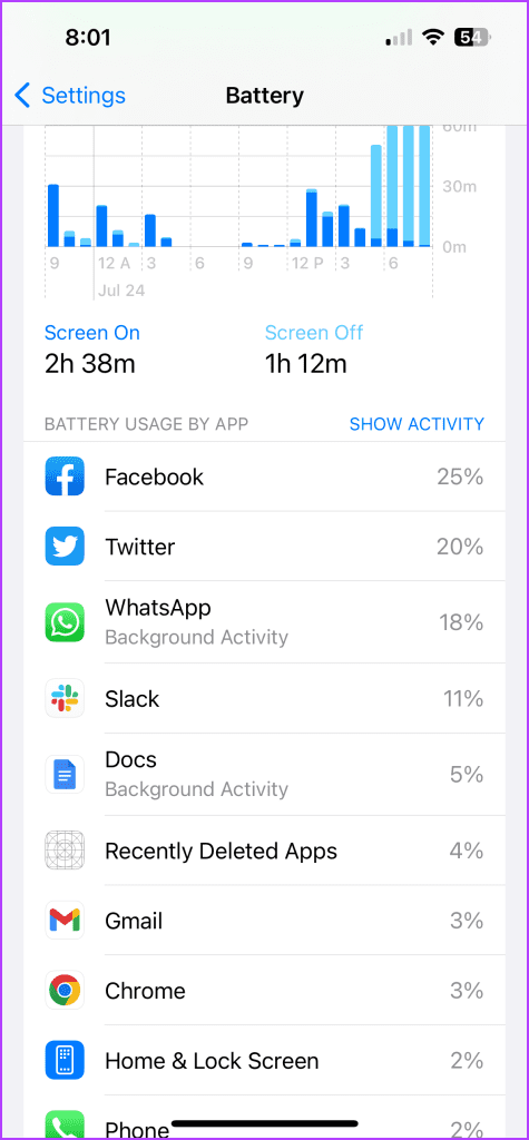 menu showing apps battery usage