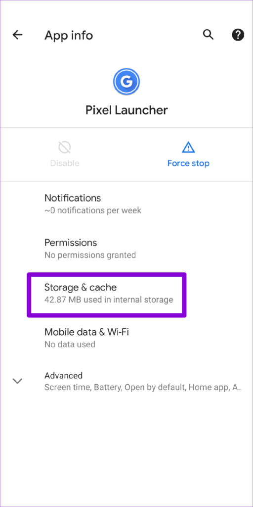 Pixel Launcher Storage and Cache