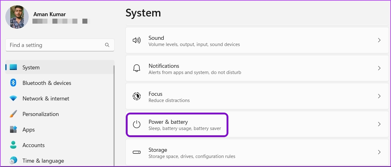 _ Power and battery options in settings menu