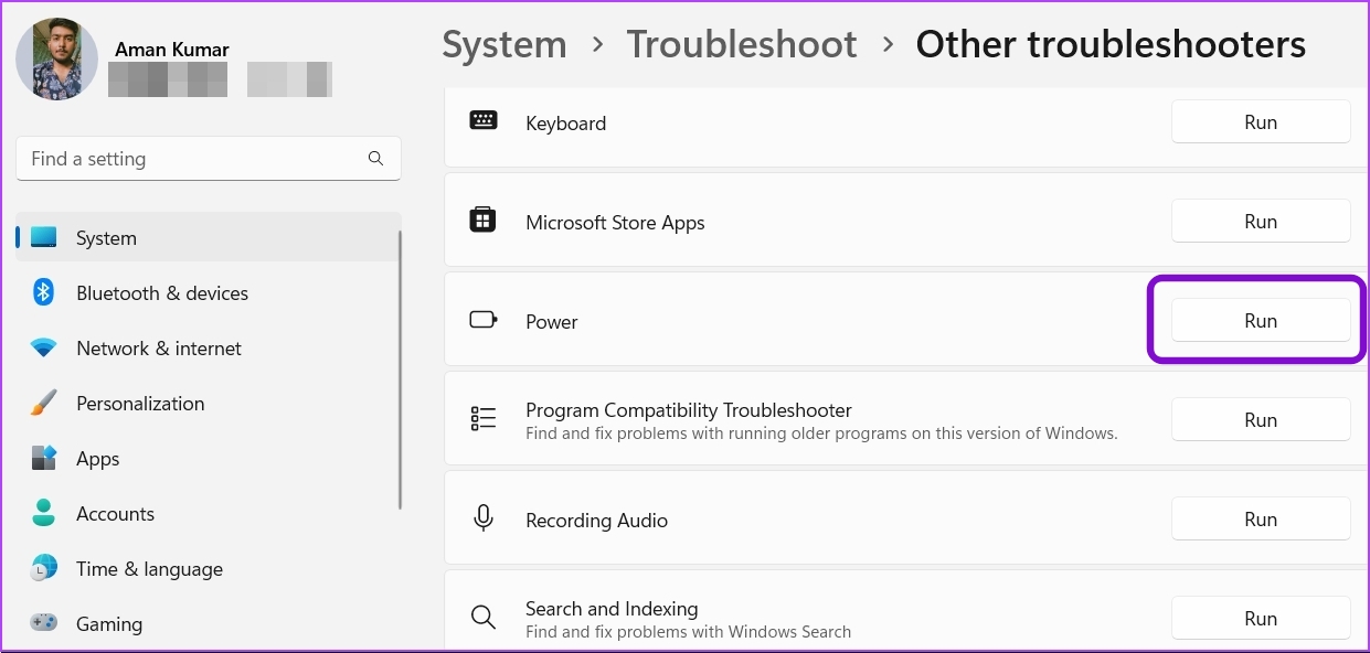_Power troubleshooter in Settings app 