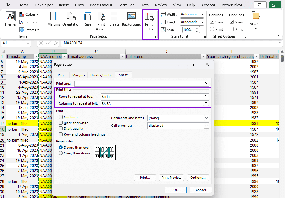 Print Titles Settings Excel