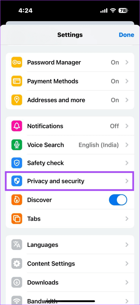 Privacy and security in Chrome Settings menu