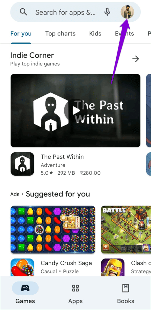Profile Icon in Google Play Store on Android Phone
